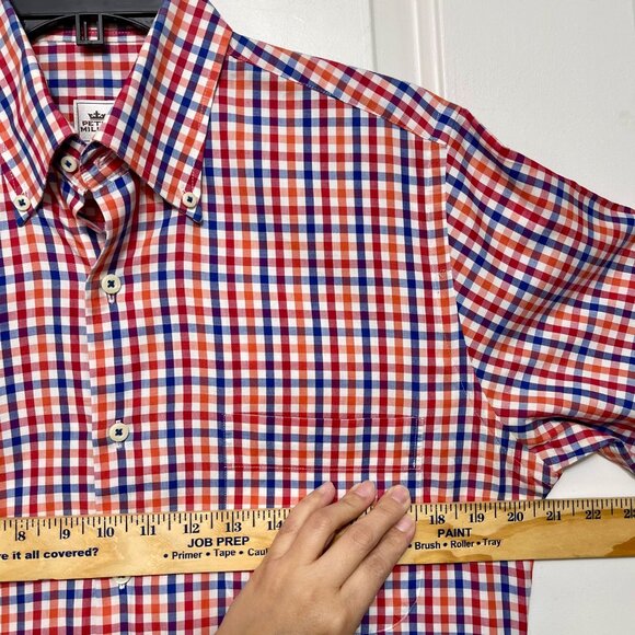 Peter Millar Red Blue & White Plaid Short Sleeve Button-Down Shirt Small Cotton - Picture 7 of 11